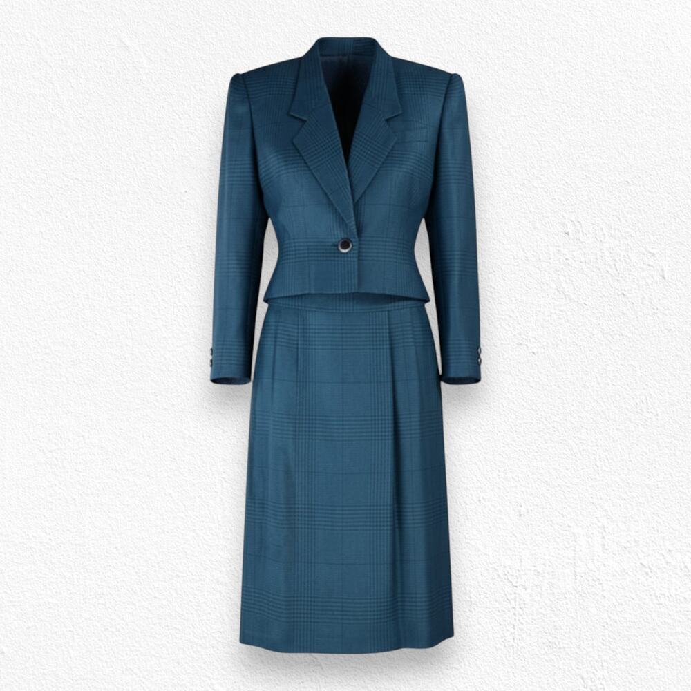 Vintage 80s Green Navy Houndstooth Skirt Suit Blazer Skirt Power Suit Set Size 4